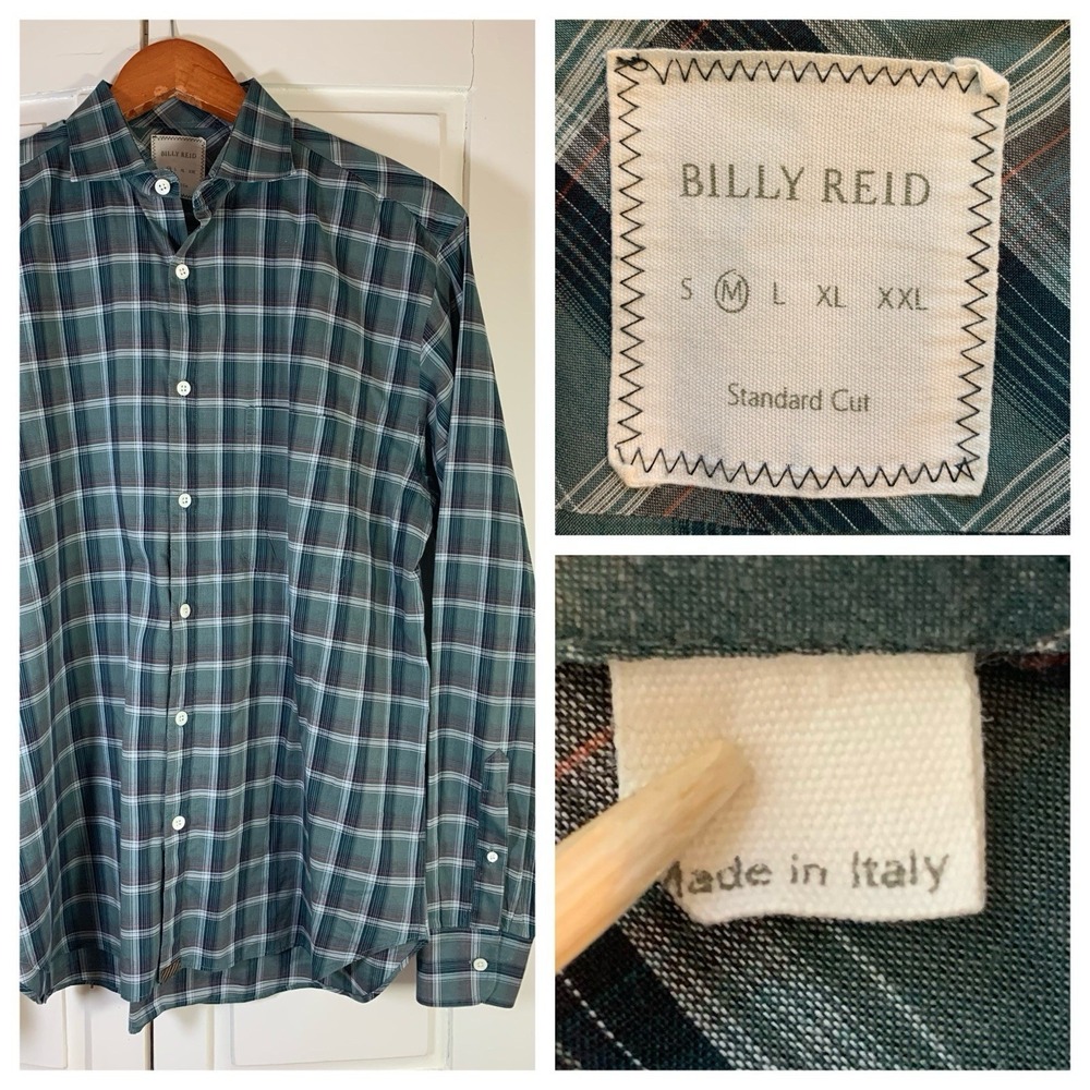 Billy Reid Shirt Mens Medium Cotton Green‎ Button Up Plaid Standard Fit Preppy
